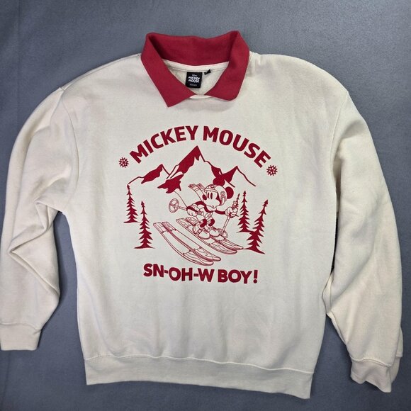 Disney Mickey Mouse Sweatshirt Womens Large White Red Polo Collar Ski Graphic - Picture 1 of 9